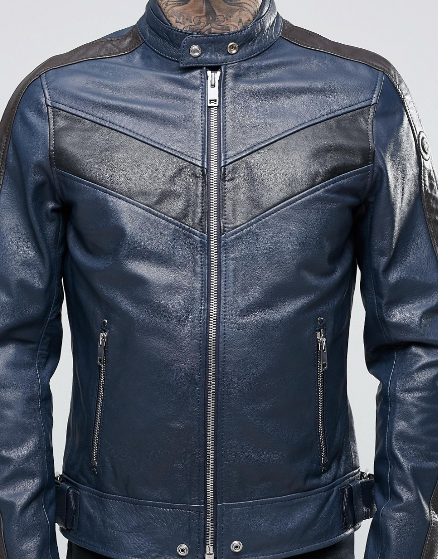 Sel L Reed Leather Biker Jacket Contrast Chevron Navy In Blue Sel L Reed Leather Biker Jacket Contrast Chevron Navy In Blue For Men Lyst