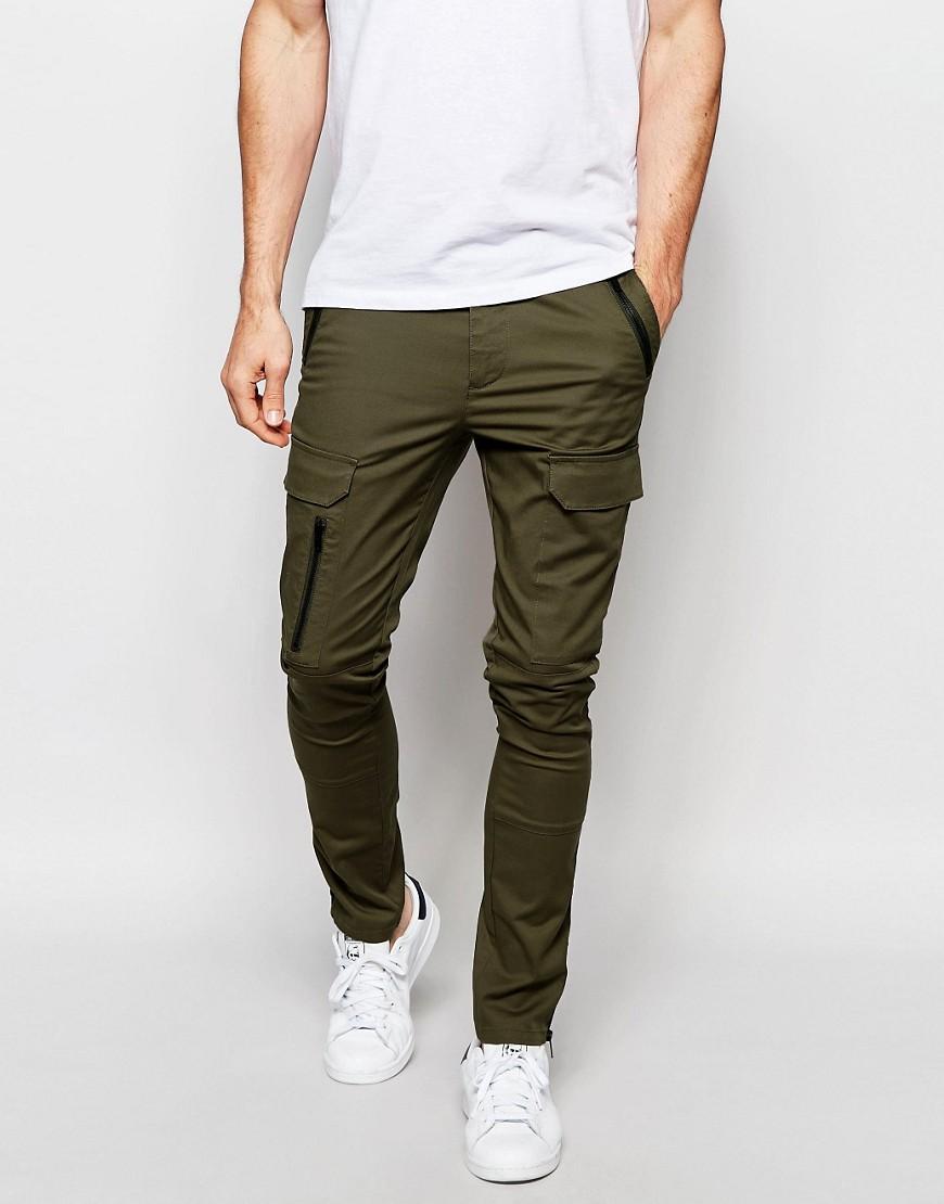 Asos Super Skinny Trousers With Zip Cargo Pockets In Khaki in Green for ...