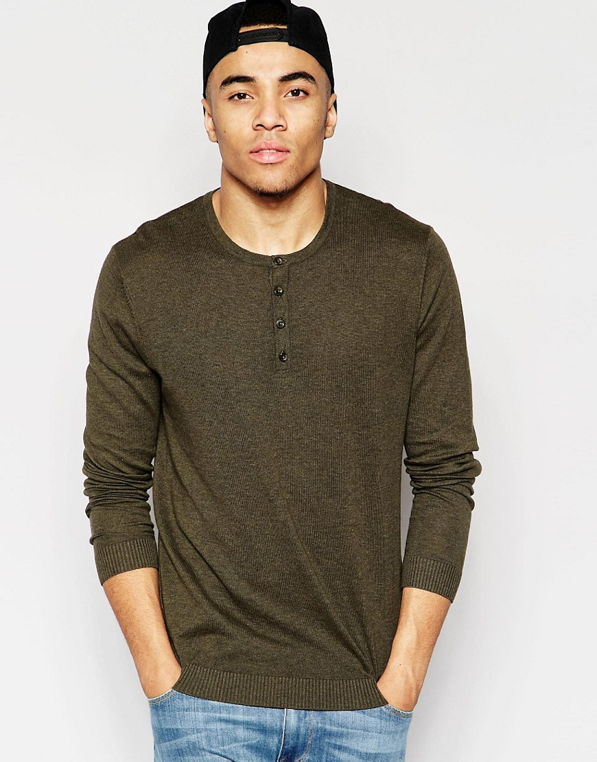 Asos Grandad Neck Sweater In Khaki Cotton in Brown for Men ...