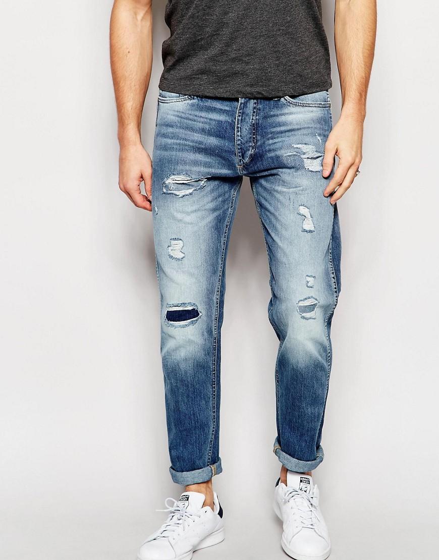 Lyst - Jack & Jones Light Wash Slim Fit Rip & Repair Jeans in Blue for Men