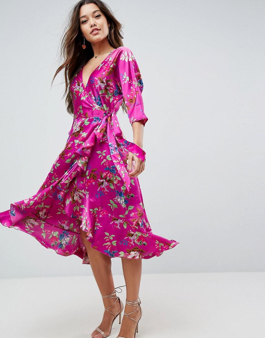 Lyst - Asos Wrap Ruffle Midi Dress In Floral Print in Pink
