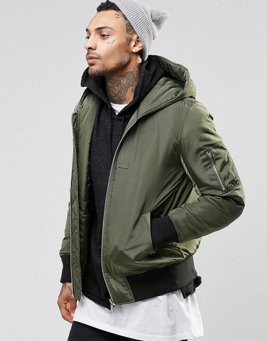 Asos Hooded Bomber Jacket With Ma1 Pocket In Khaki in Green for Men Lyst