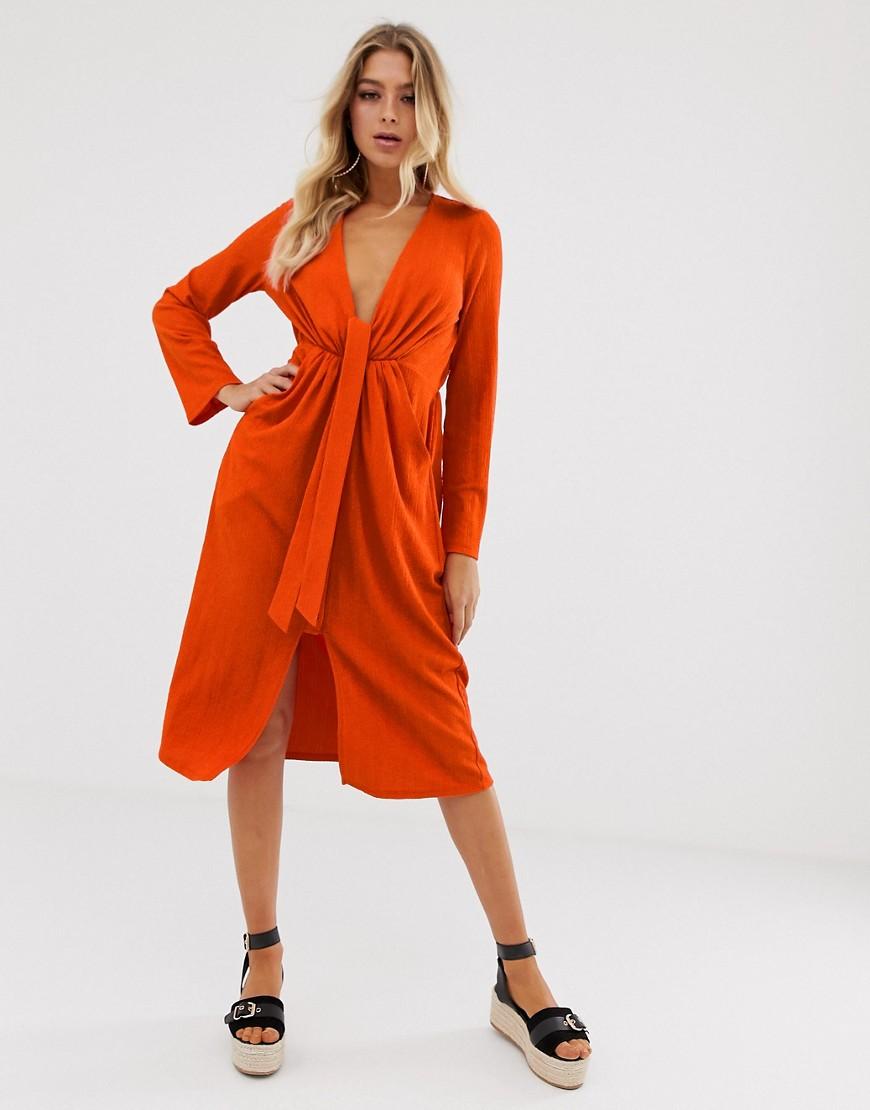ASOS Casual Textured Midi Dress With Knot Waist in Red - Lyst