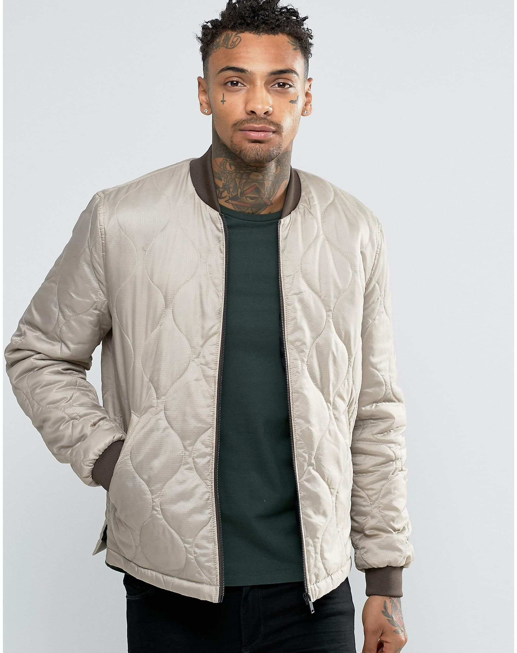 Lyst - Asos Bomber Jacket In Quilted Ripstop In Light Grey in Gray for Men