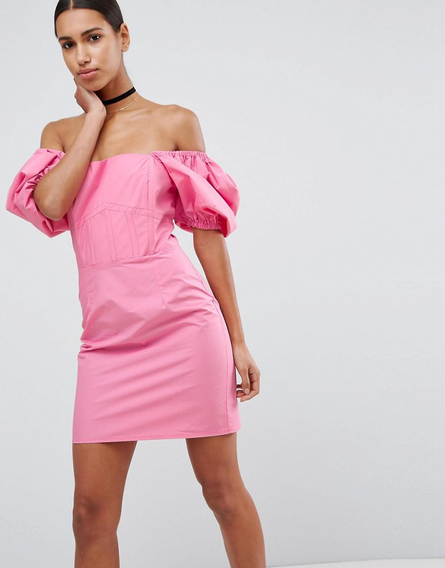 Lyst - Asos Off Shoulder Puff Sleeve Mini Dress in Pink