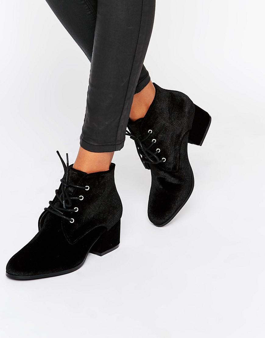 Lyst - London Rebel Lace Up Velvet Mid Heel Ankle Boot in Black