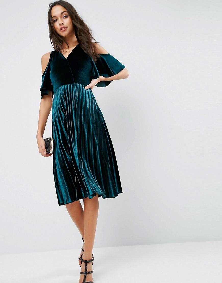 Lyst Asos Cold Shoulder Velvet Pleated Midi Dress in Green