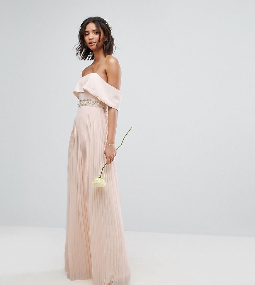 bridesmaid pink pleated mesh maxi dress