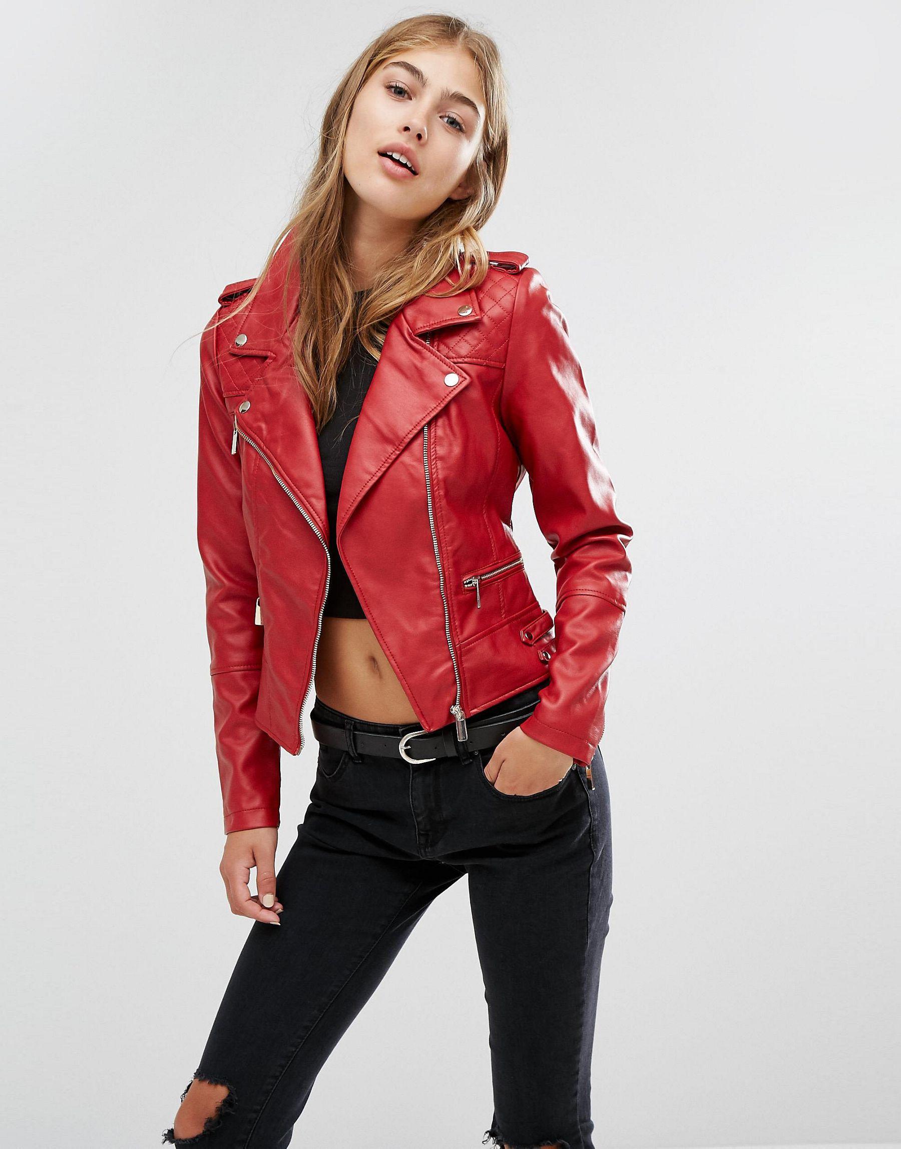 Pimkie Leather Jacket ~ Pimkie Collarless Leather Look Biker Jacket in ...