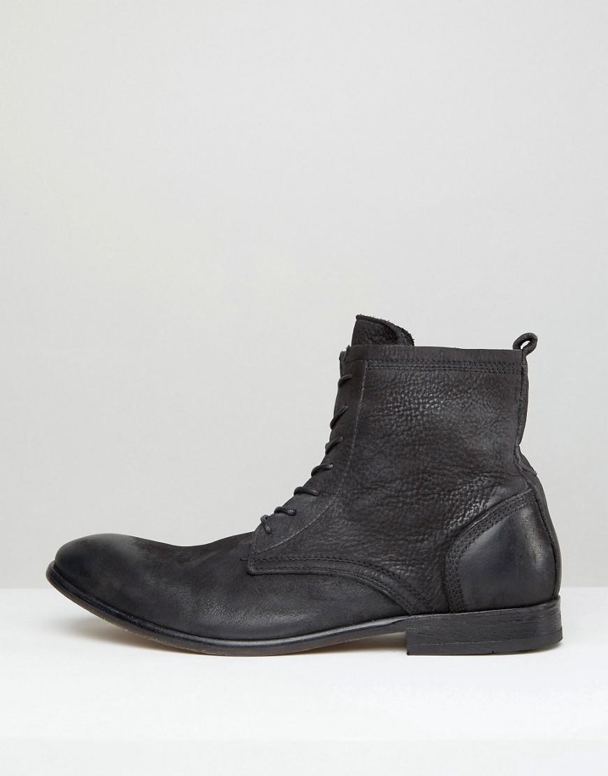 h by hudson battle lace up boots in black leather
