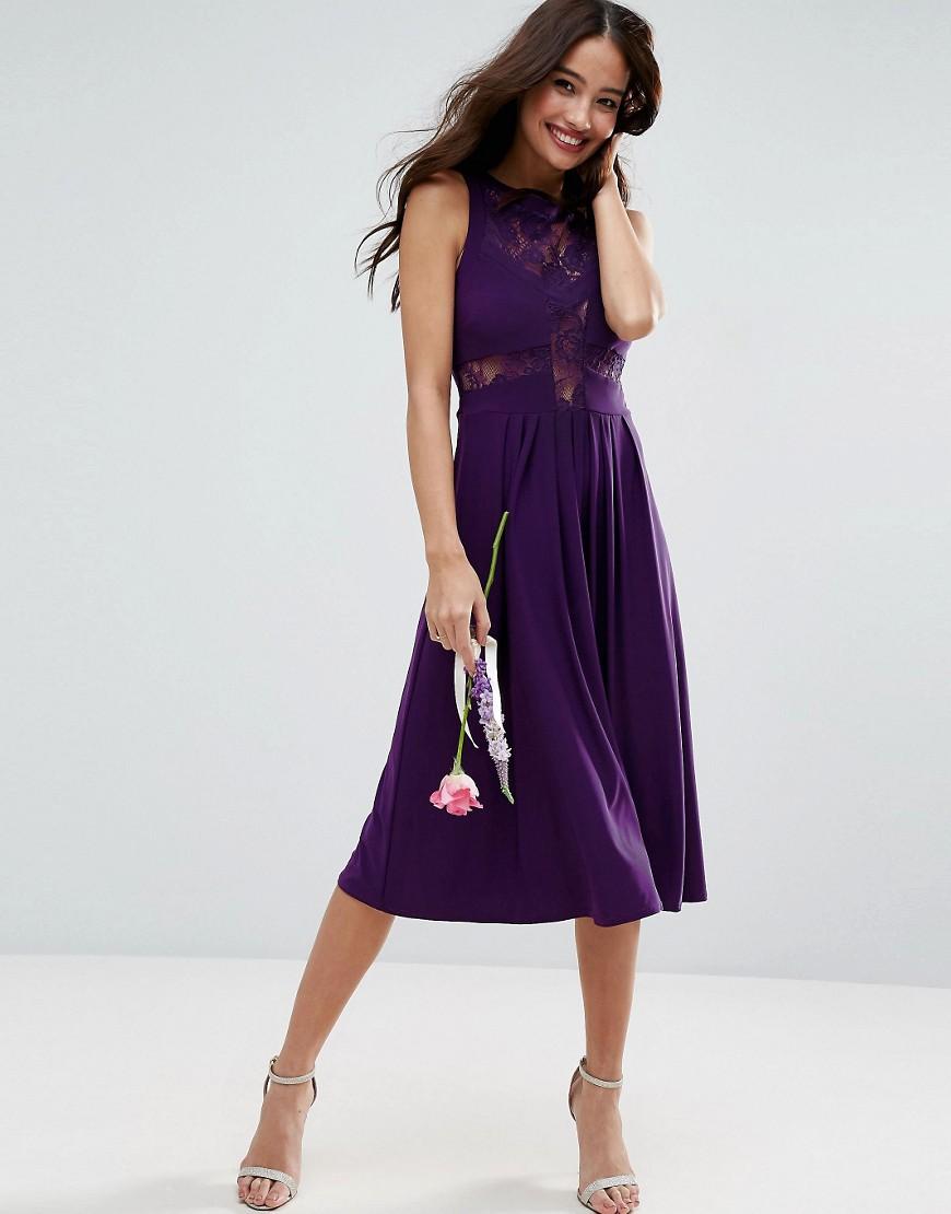 Asos Wedding Lace Jersey Pleated Midi Dress in Purple | Lyst