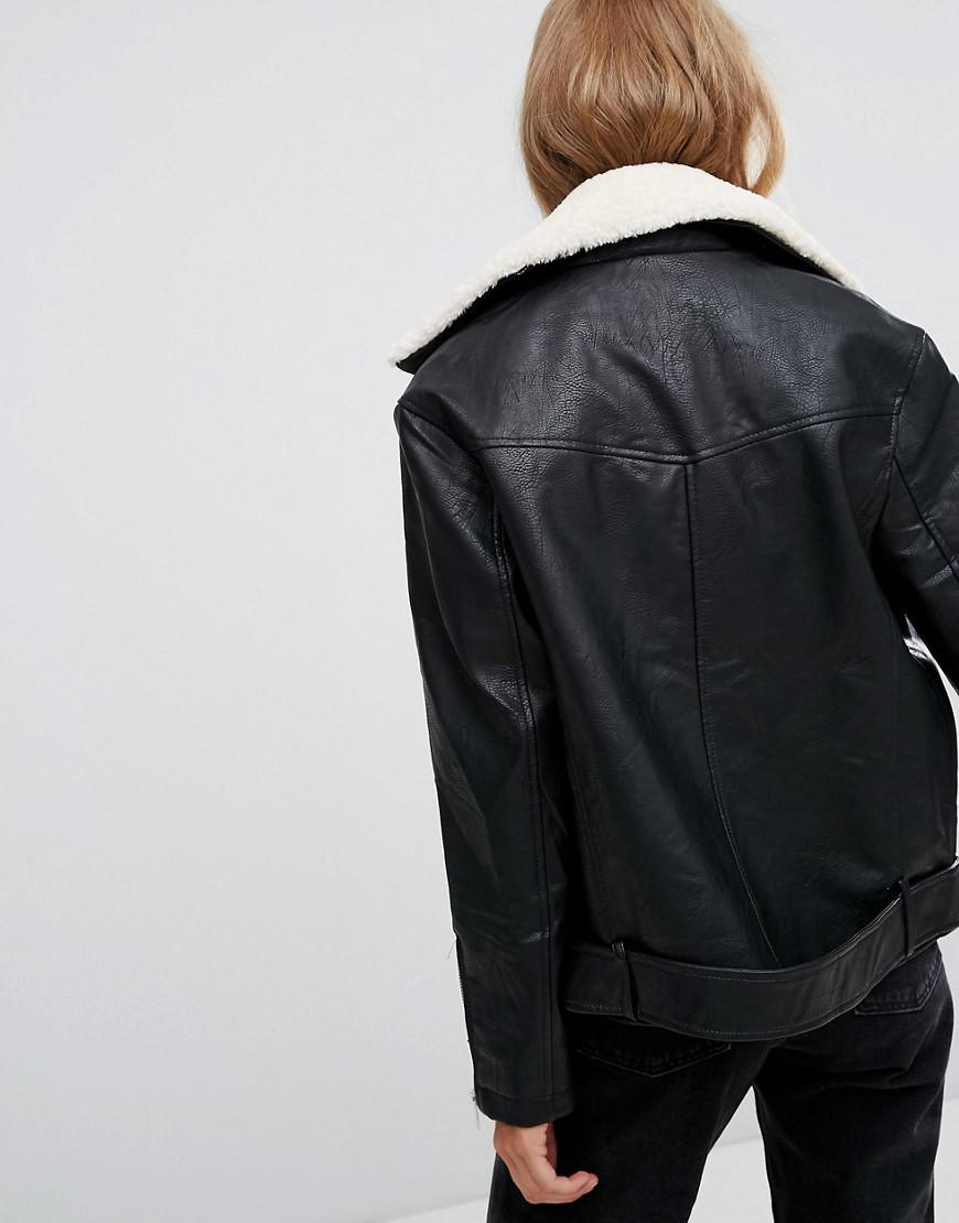 Bershka Faux Leather Long Line Biker Jacket In Black Lyst Gallery