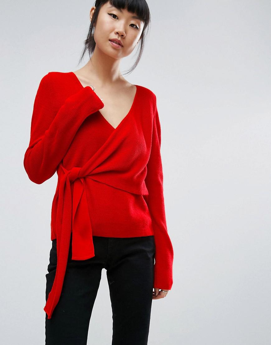 Asos Sweater With Wrap And Tie in Red | Lyst