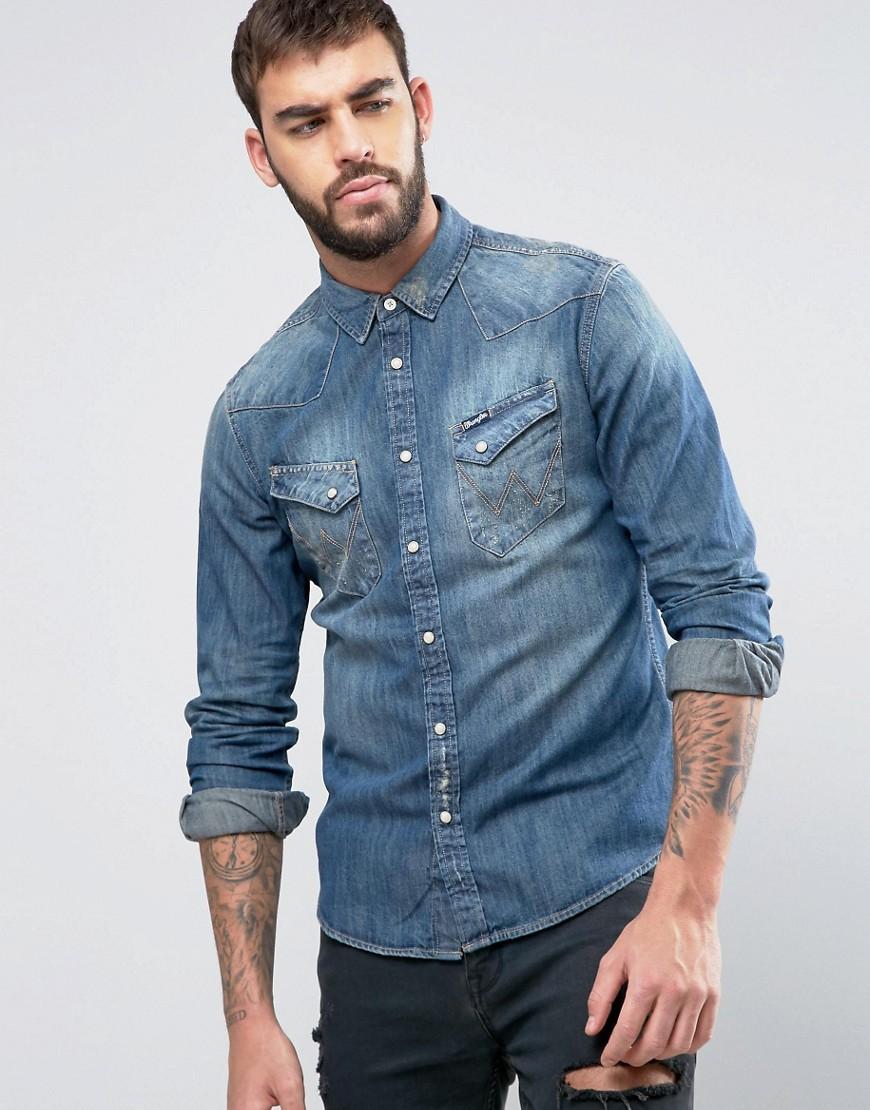 Lyst - Wrangler Western Slim Fit Denim Shirt in Blue for Men