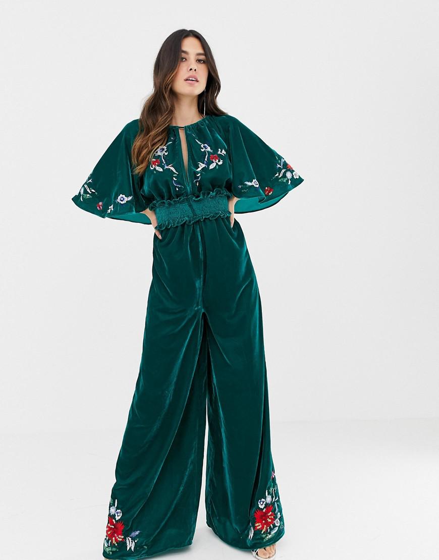 Lyst ASOS Velvet Kimono Jumpsuit With Embroidery And Embellishment in