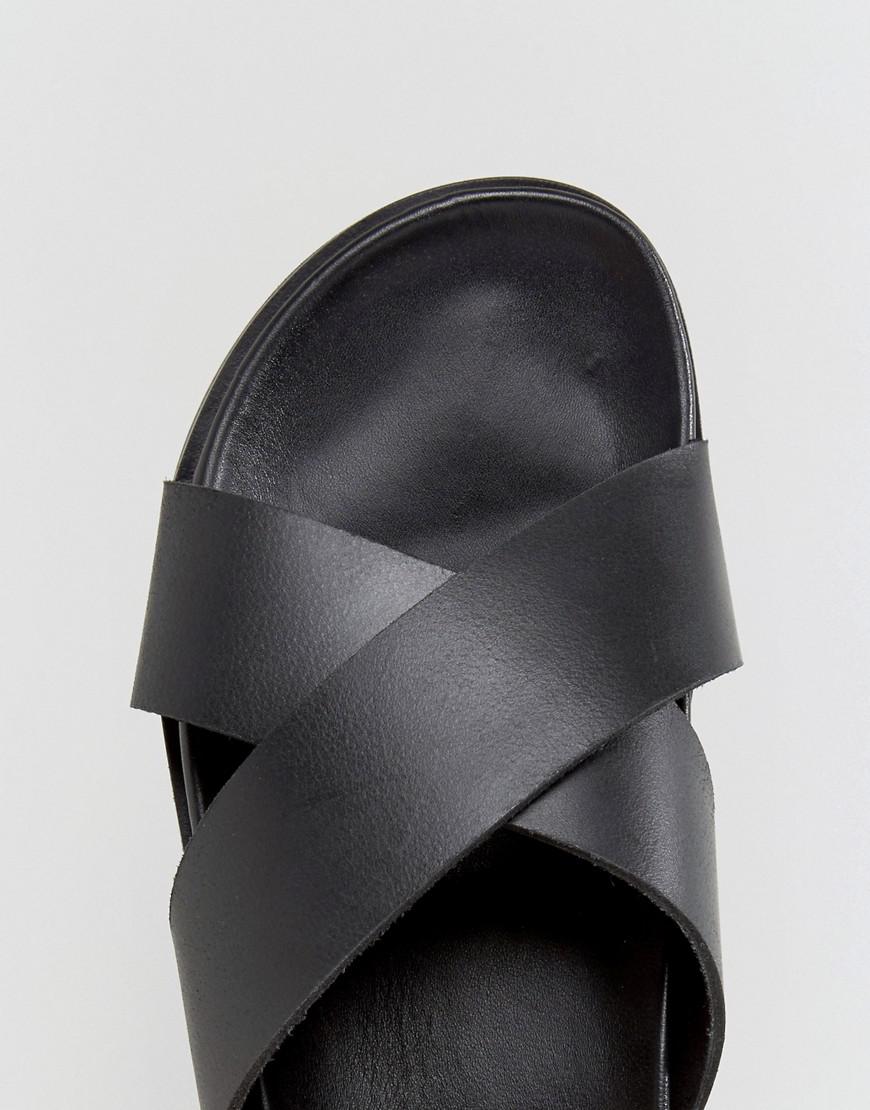 Lyst - Asos Cross Over Strap Slide Sandals In Black Leather in Black ...
