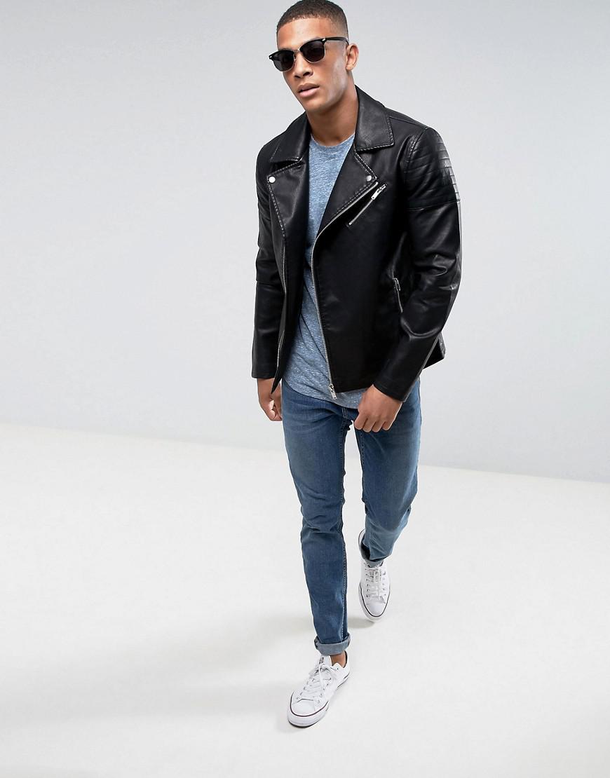 Only Sons Faux Leather Biker Jacket In Black For Men Lyst Gallery