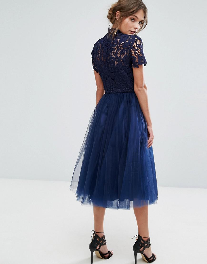 Chi Chi London High Neck Lace Midi Dress With Tulle Skirt in Blue - Lyst