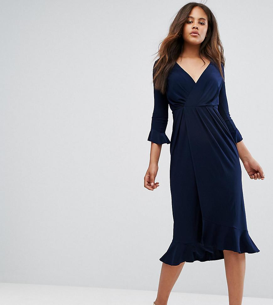 Lyst - Asos Wrap Front Midi Dress With Frill Detail in Blue