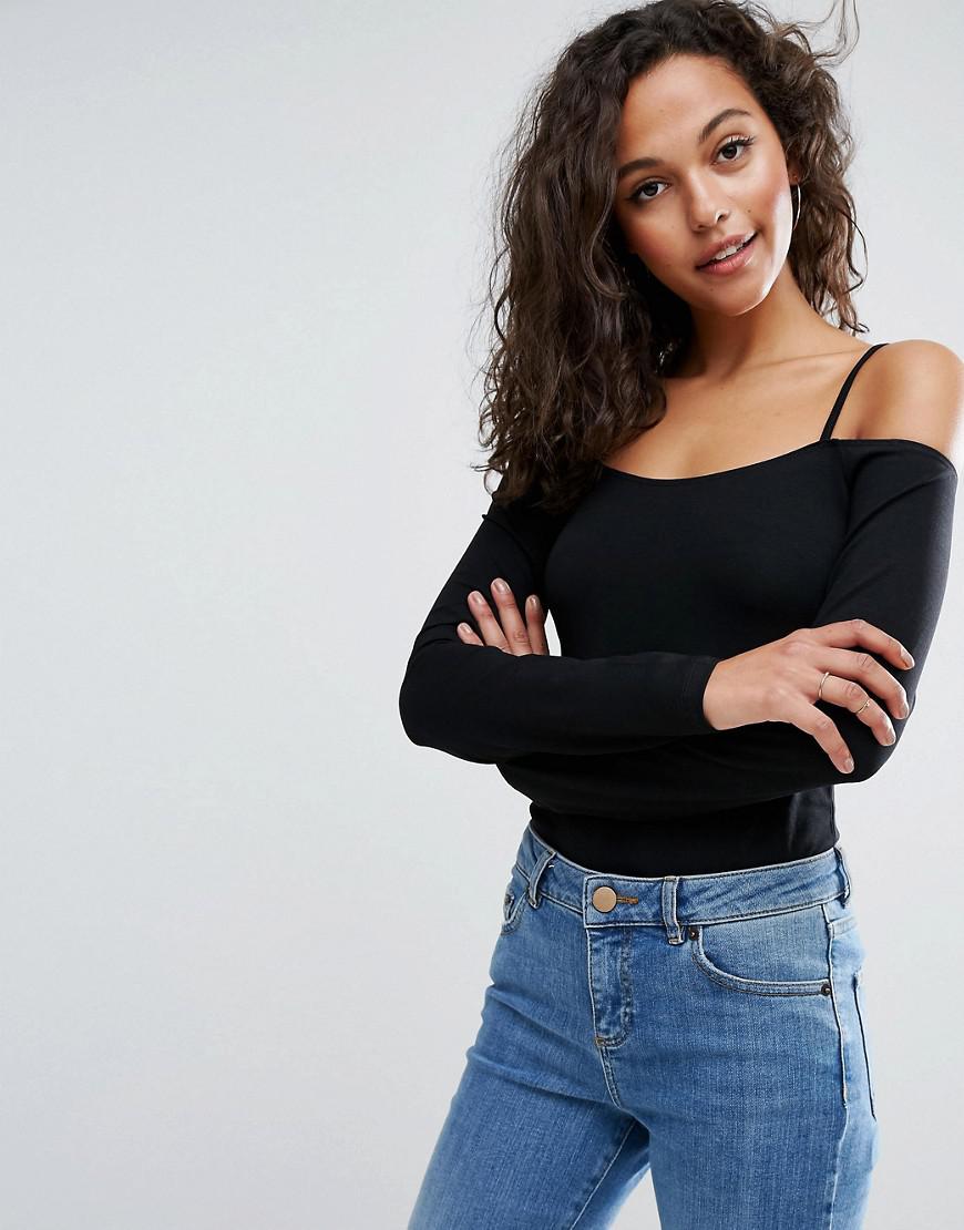 Asos Long Sleeve Off Shoulder Body With Skinny Strap in Black | Lyst