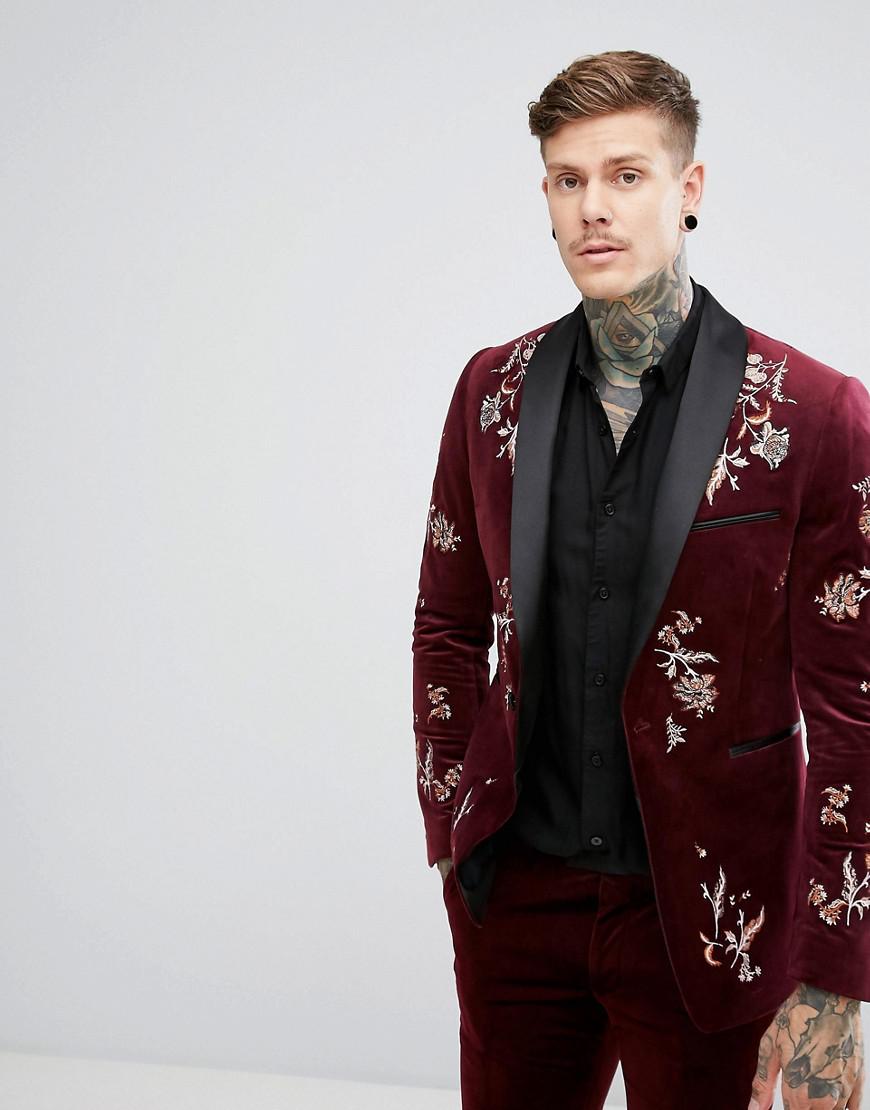 Lyst - Asos Slim Blazer In Burgundy Velvet With Embroidery in Red for Men