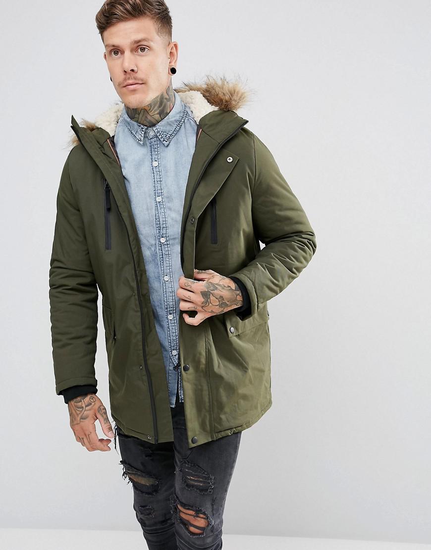 Lyst - New Look Parka With Fur Lined Hood In Khaki in Green for Men