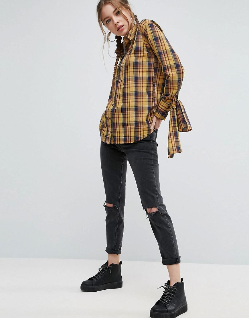 Lyst - Asos Mustard Check Cotton Shirt With Extreme Tie Sleeves