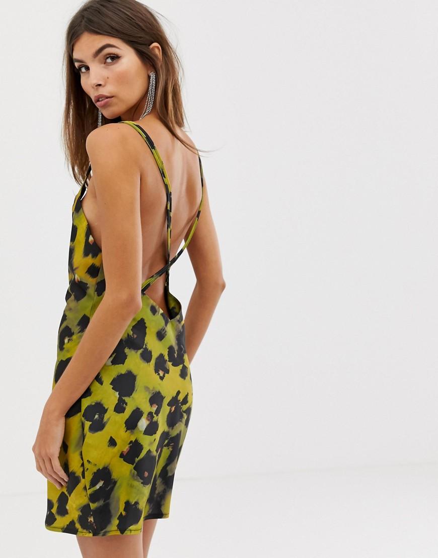 Lyst - ASOS Bias Cut Mini Dress In High Shine Satin With Drape Neck In Abstract Animal