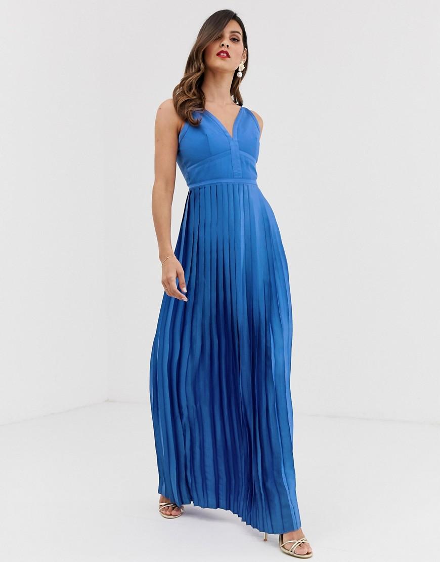 Little Mistress Panelled Bodice Pleated Skirt Satin Maxi Dress in Blue ...