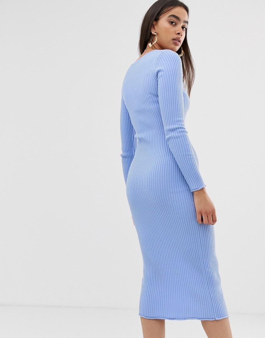 Lyst ASOS Scoop Neck Midi Dress In Rib With Button Detail in Blue