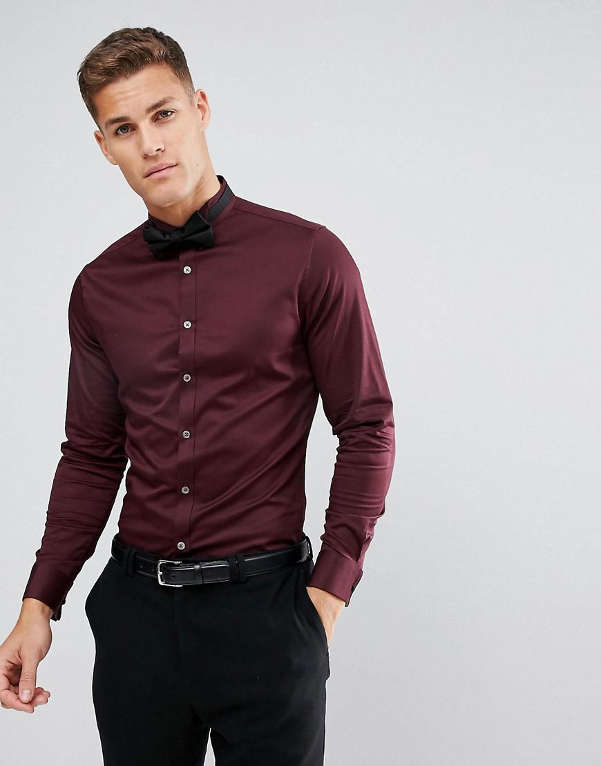 Lyst - Asos Slim Sateen Shirt In Burgundy With Wing Collar And Double ...