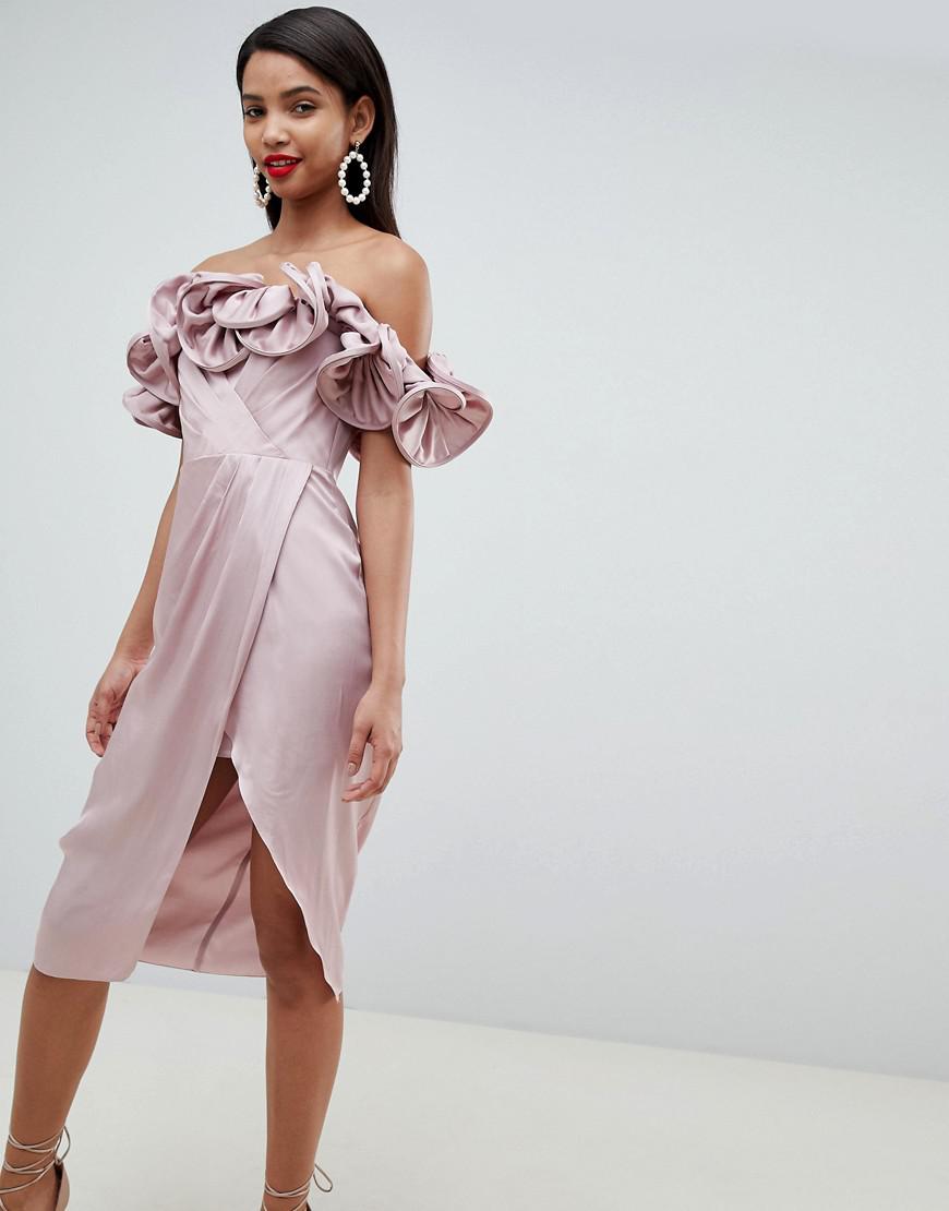 Lyst - Asos Occasion Satin Pencil Dress With Extreme Ruffle Bandeau in Pink