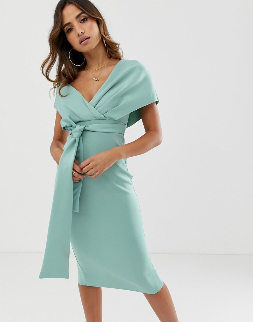 ASOS Fallen Shoulder Midi Pencil Dress With Tie Detail in Blue - Lyst