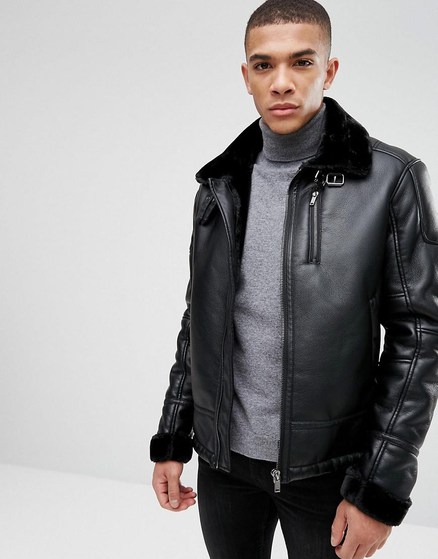 Stradivarius Faux Fur Lined Aviator Jacket In Black For Men Gallery