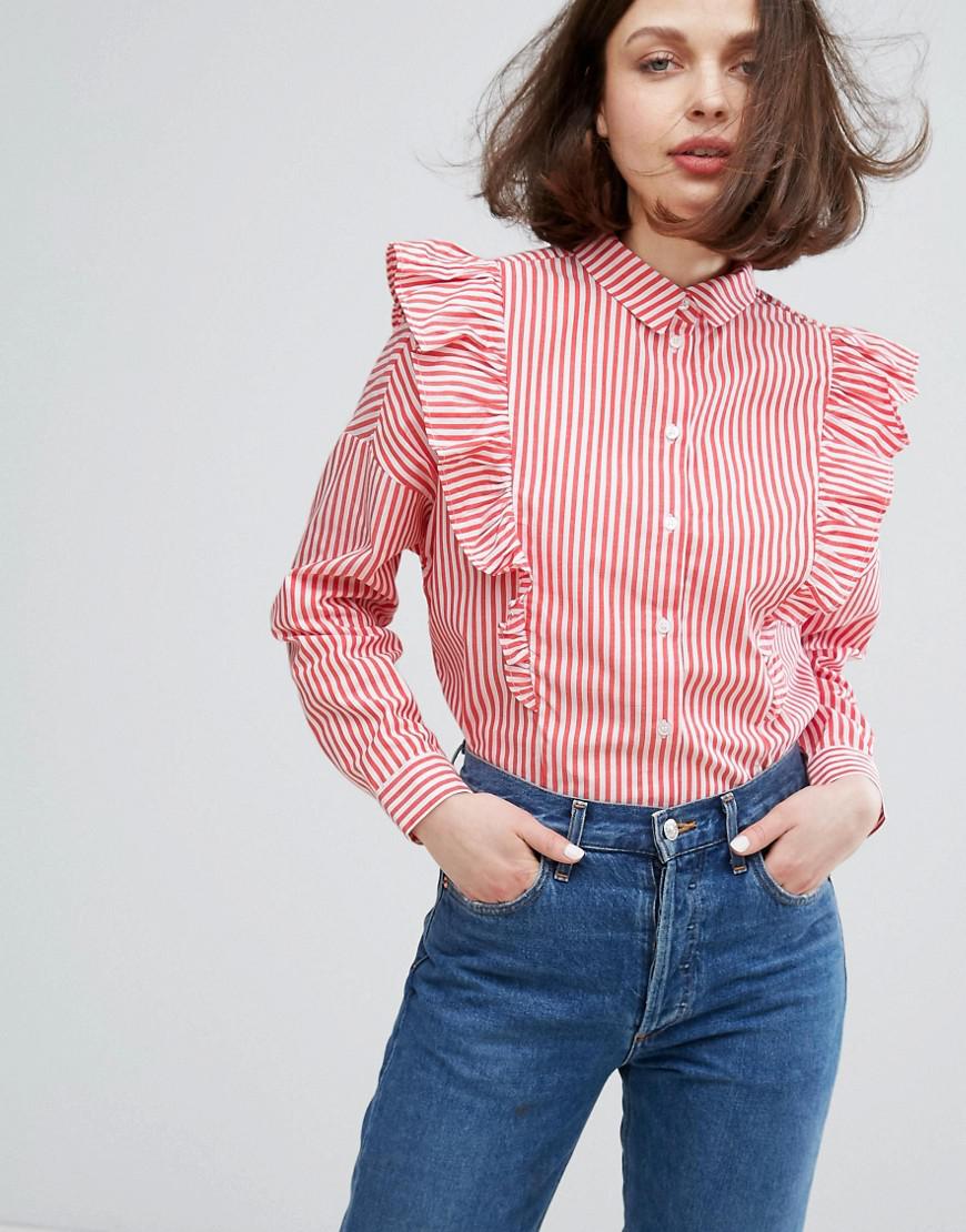 Lyst - Monki Stripe Ruffle Shirt in Red