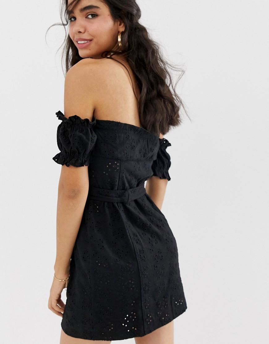 asos design bardot mini broderie sundress with faux tortoiseshell belt