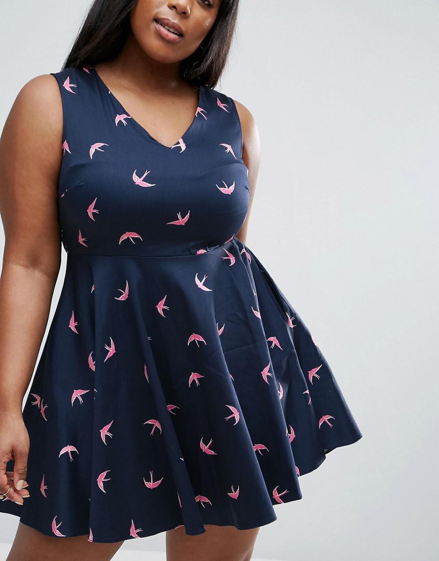 Closet London Plus Closet Plus Skater Dress In Bird Print In Blue