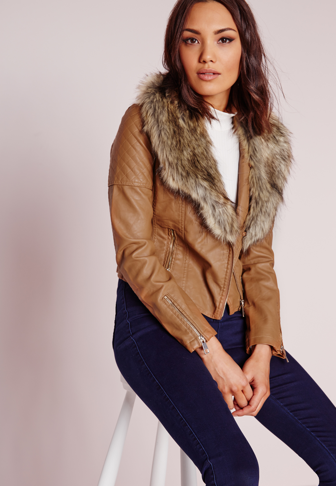 Lyst Missguided Faux Leather Biker Jacket With Fur Collar Tan Gallery