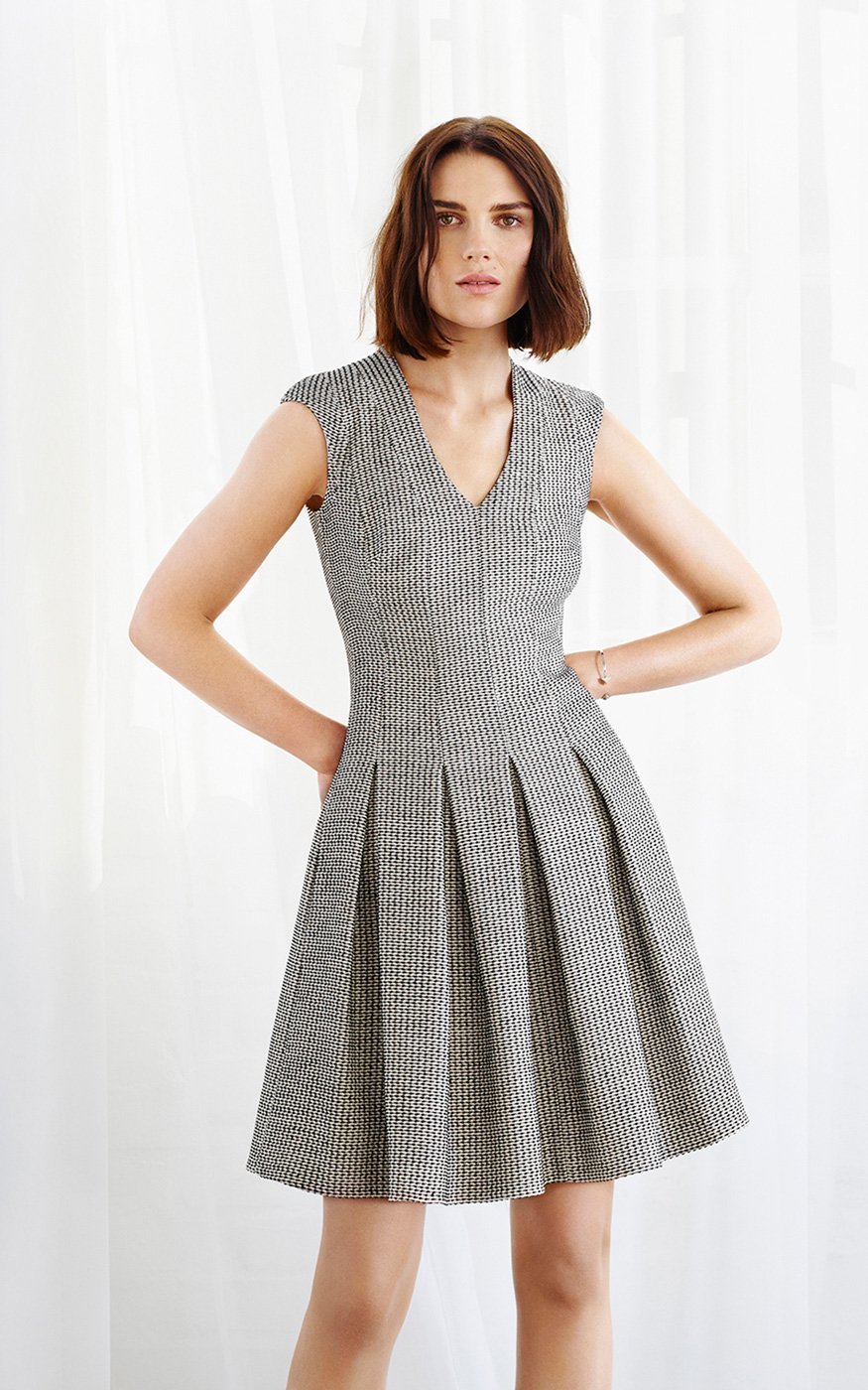 Karen millen Tailored Full Skirted Tweed V Neck Dress in Black | Lyst