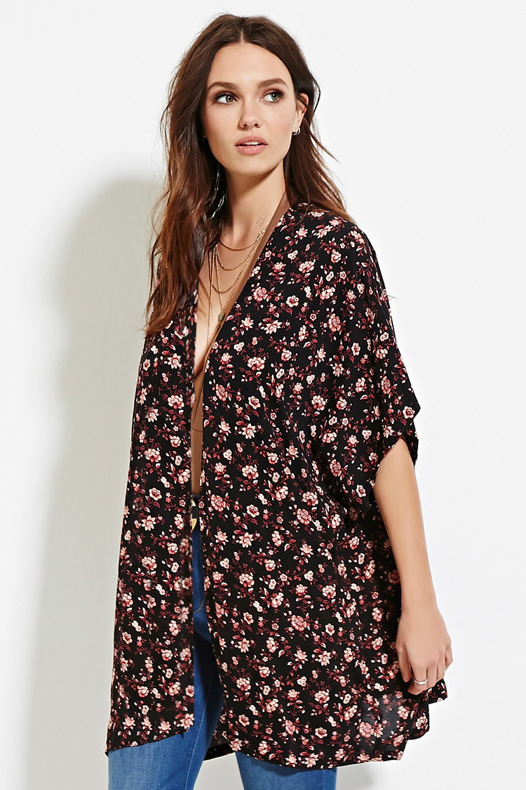 Lyst Forever 21 Floral Print Cardigan in Black