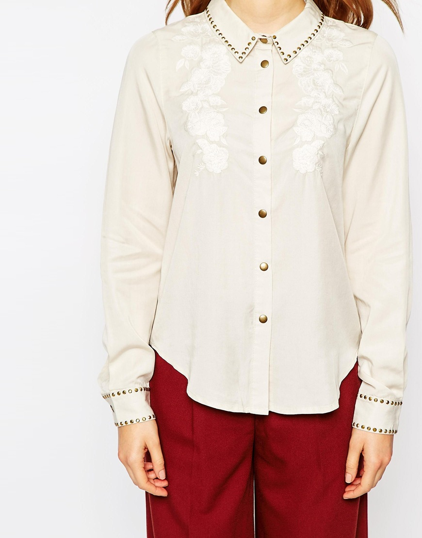 Lyst - Ganni Long Sleeve Embroidered Detail Shirt With Embellished