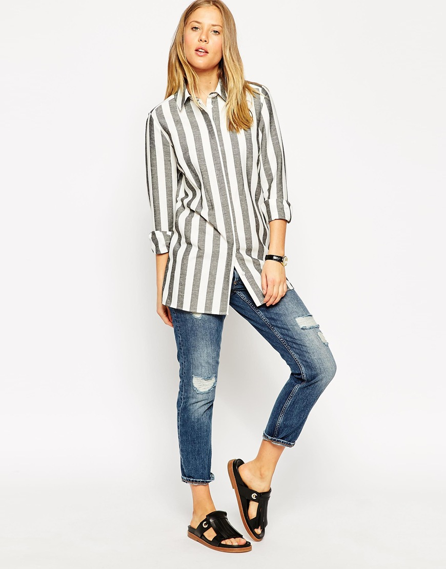 Lyst Asos Black And White Stripe Boyfriend Shirt in Gray