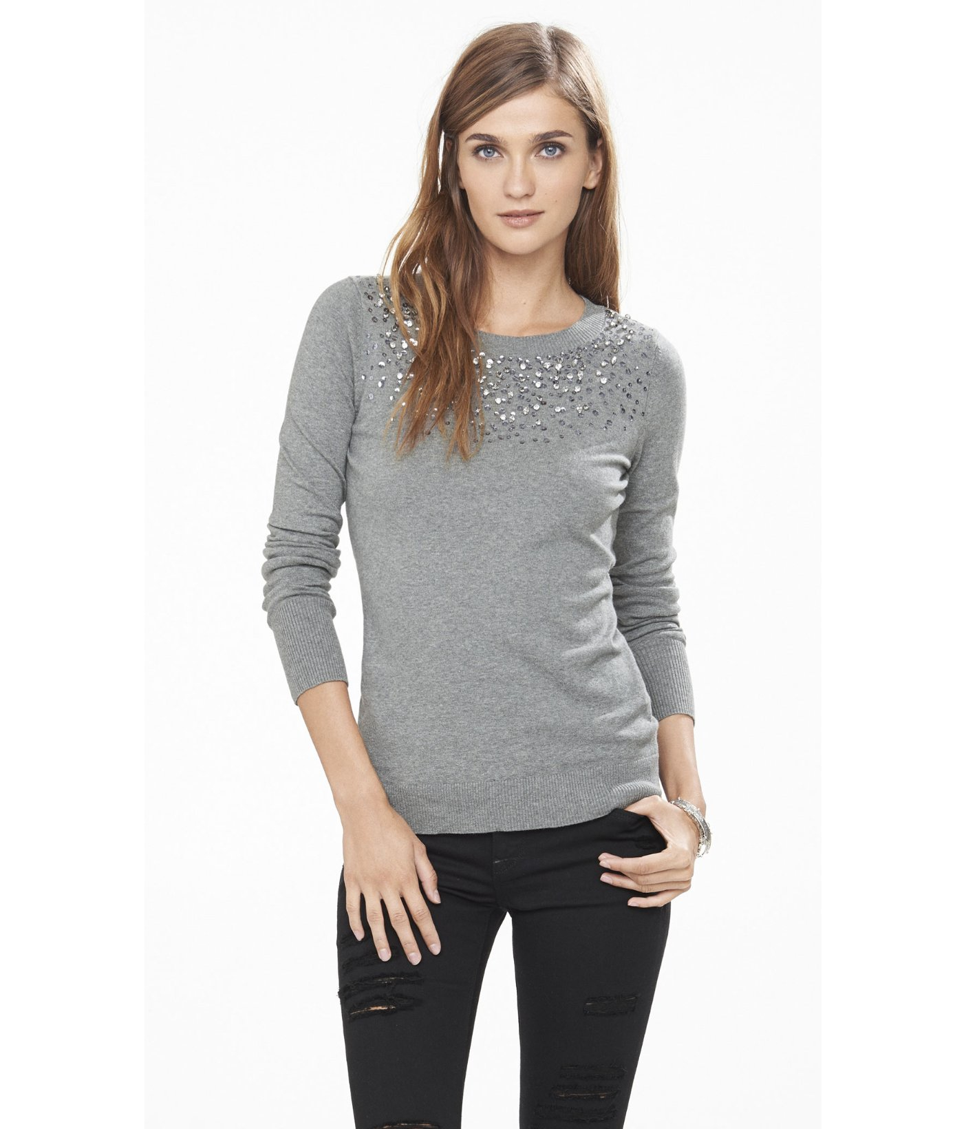 Lyst Express Rhinestone Embellished Crew Neck Sweater in Gray
