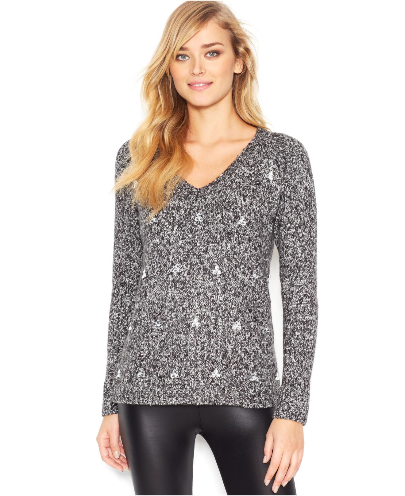 Kensie Long-Sleeve V-Neck Embellished Sweater (Only At Macy'S) in Gray ...