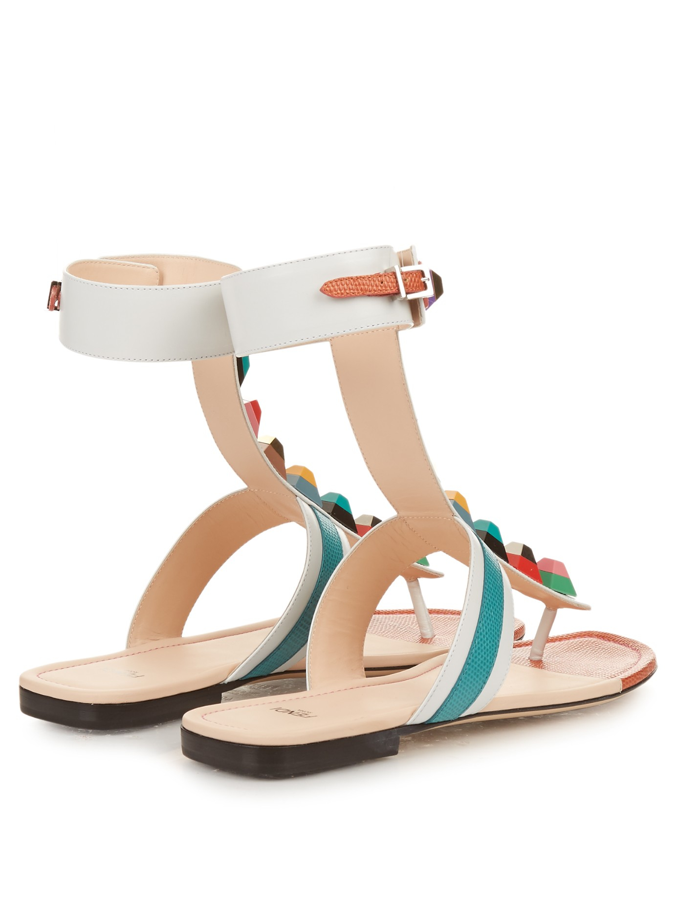 Lyst Fendi Rainbow  Stud embellished Leather Sandals  in White