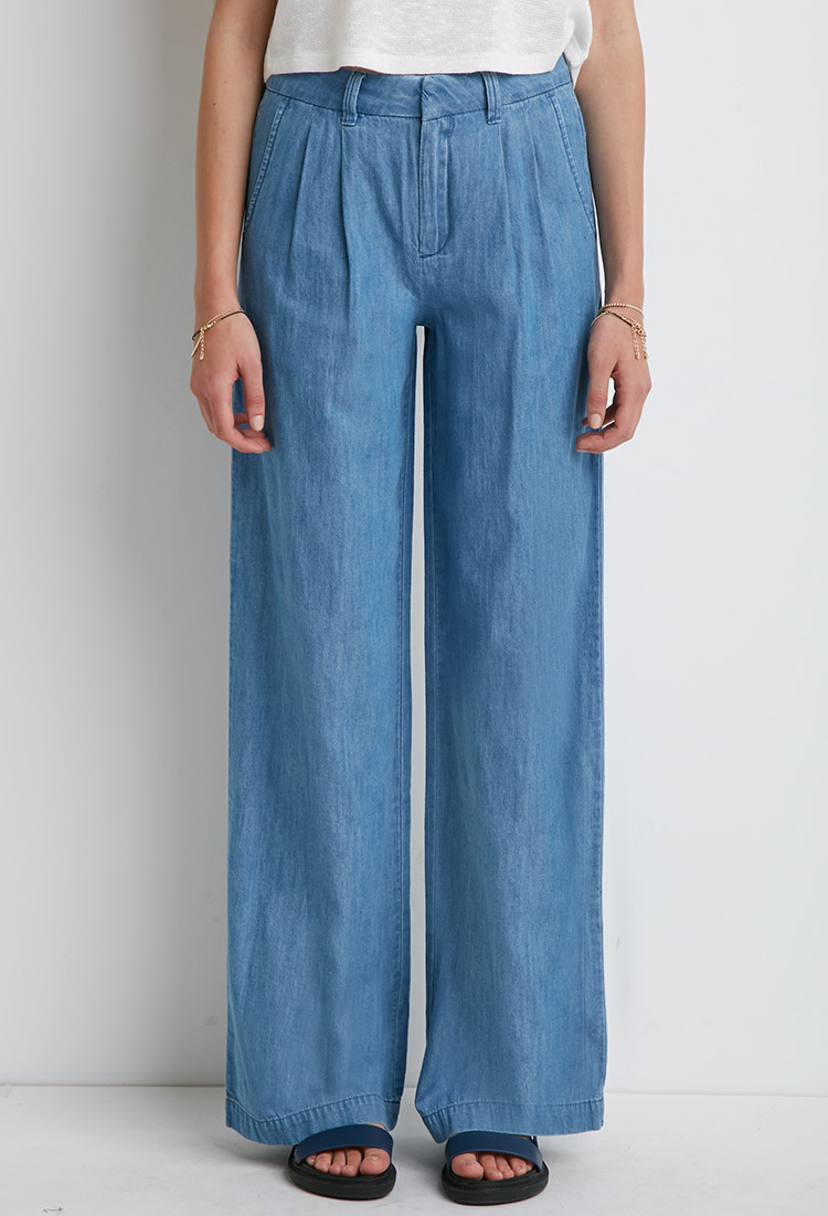 Lyst - Forever 21 Wide-leg Denim Trousers in Blue