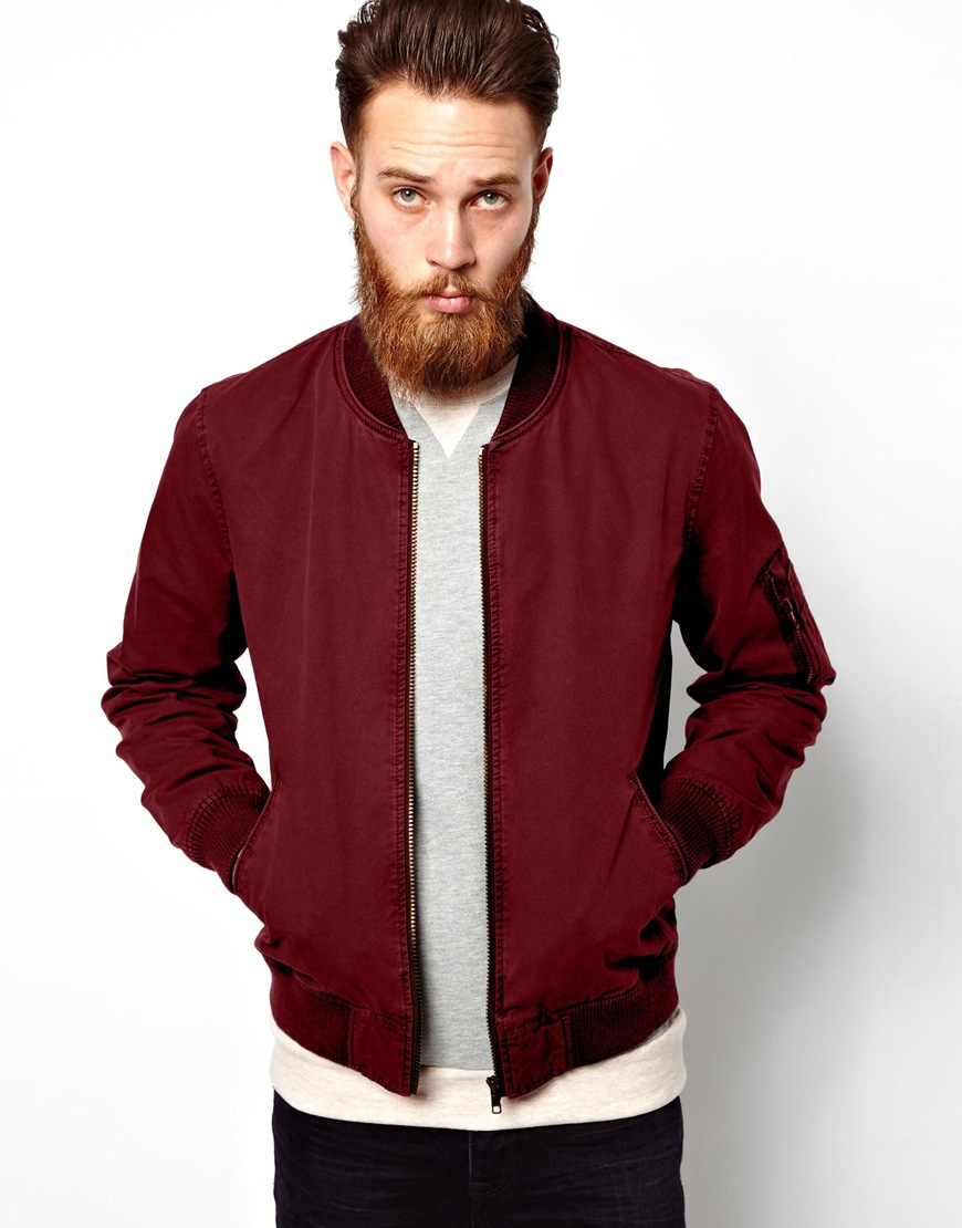 Asos Fitted Cotton Bomber Jacket in Red for Men | Lyst
