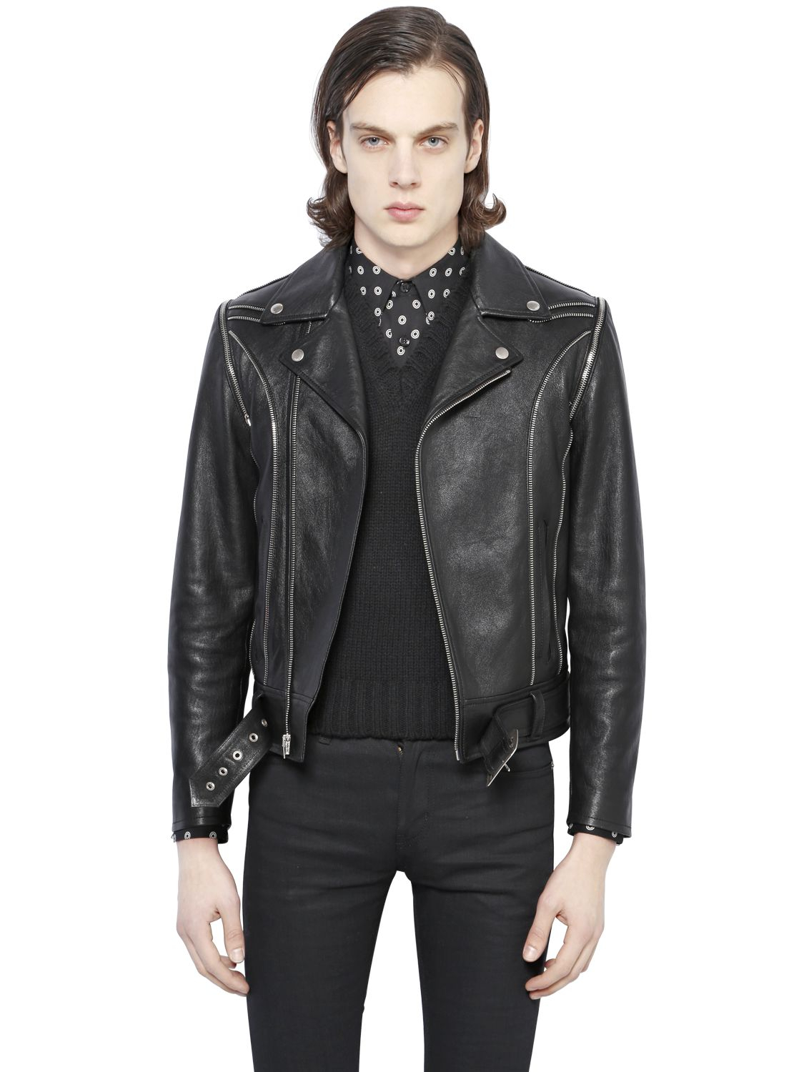 Saint laurent Leather Moto Jacket With Zip Details in Black for Men | Lyst