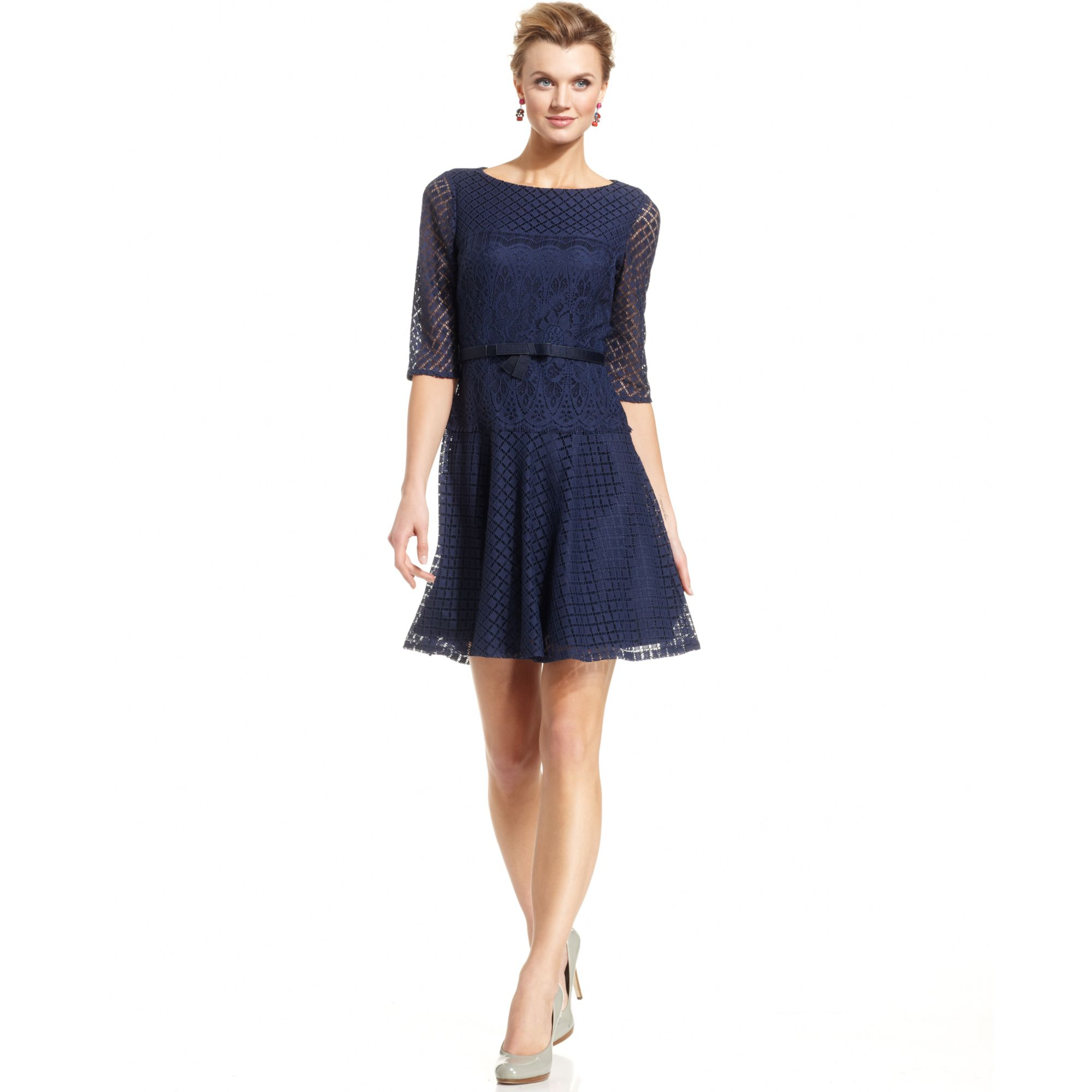 Tahari Tahari By Asl Illusion-Sleeve Crochet Lace Dress In Blue | Lyst