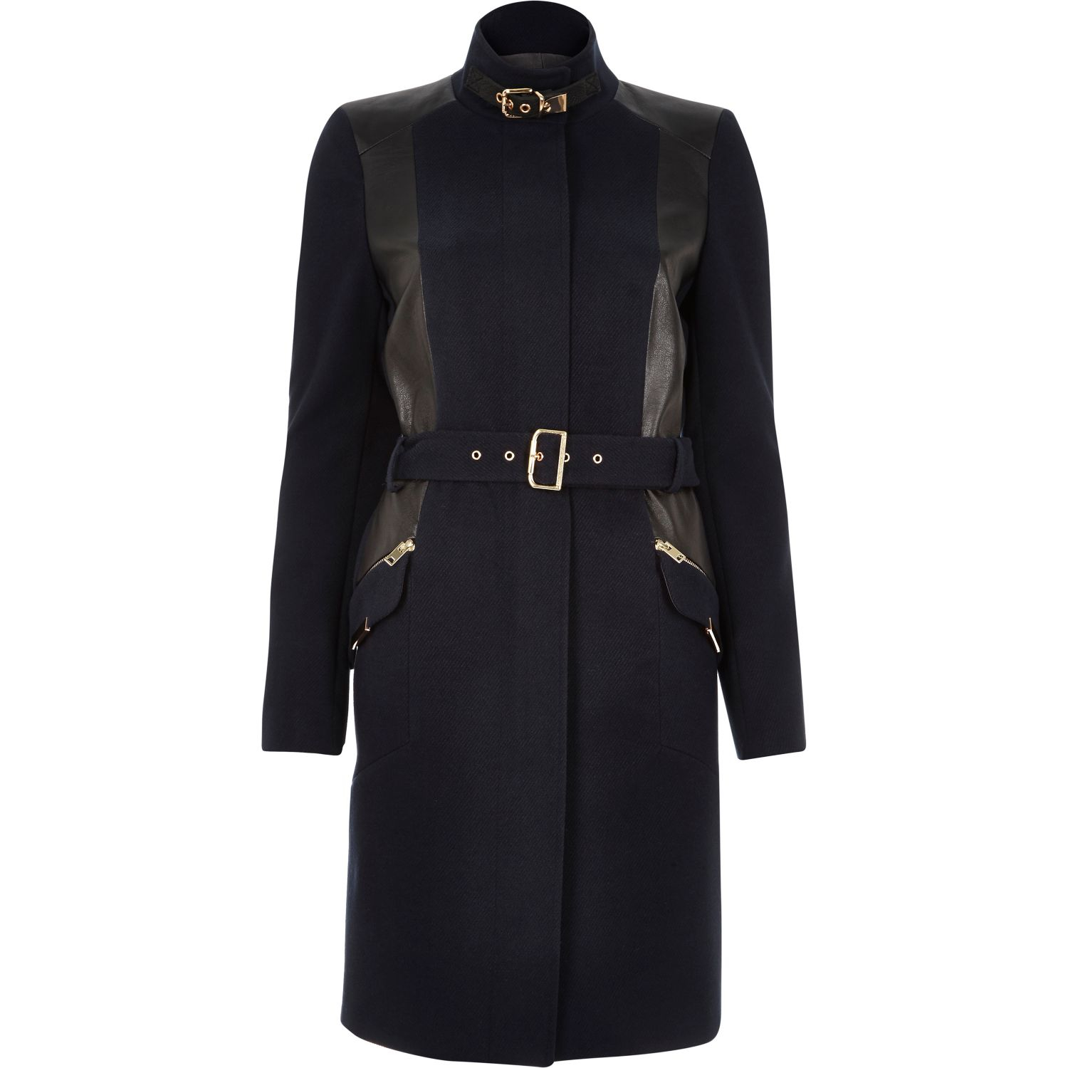River island Navy Structured Belted Military Coat in Blue | Lyst